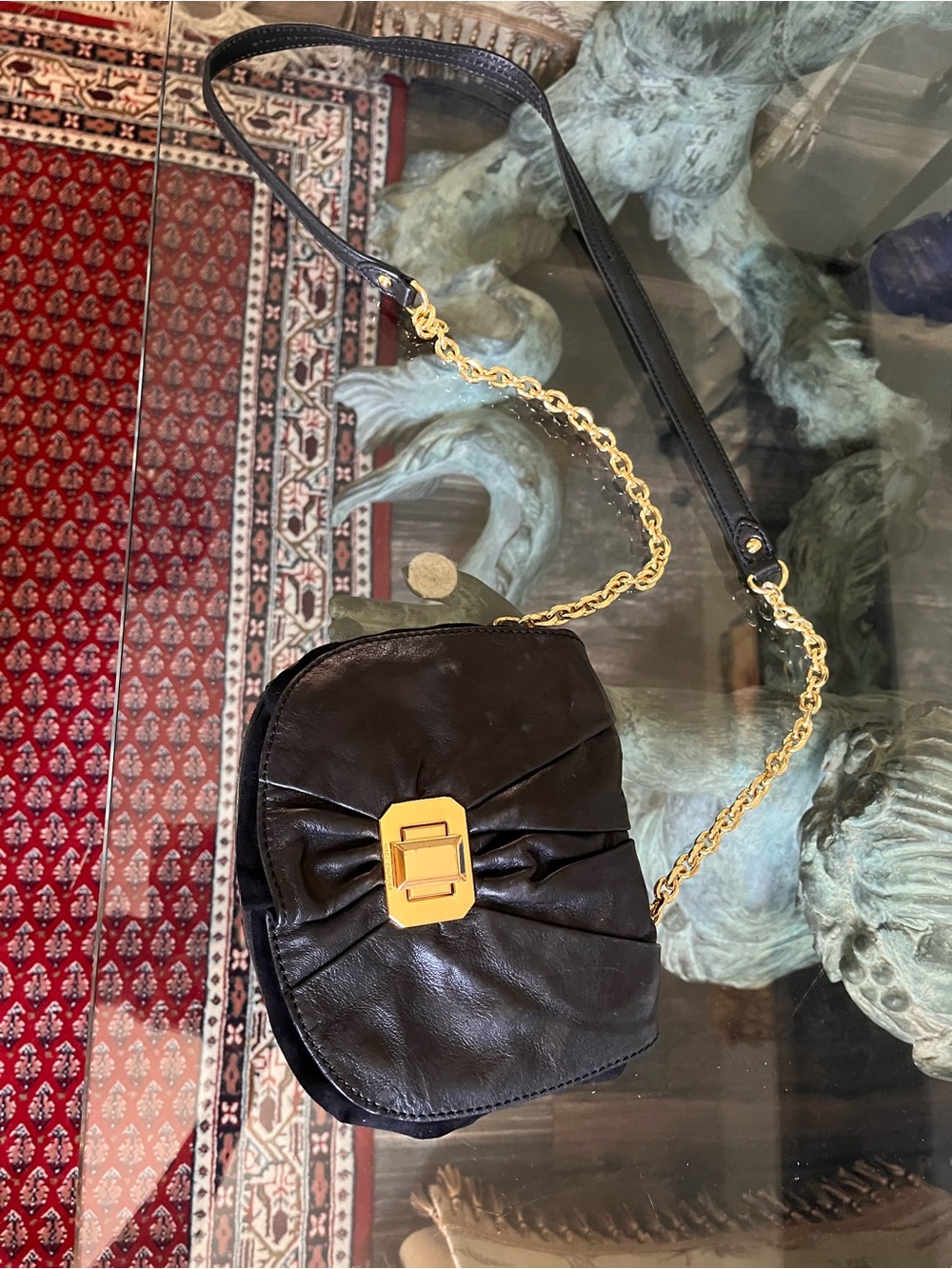 Vintage Leather Juicy Couture Black Leather Crossbody Bag with Gold Chain Accent
